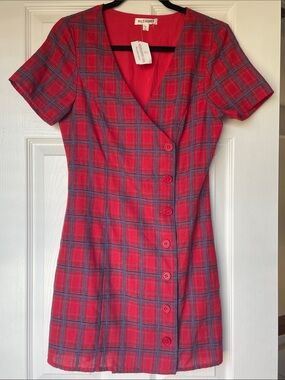 Wild Honey Red Plaid Asymmetric Button Mini Dress